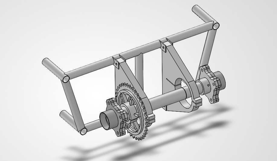 Render of a tube-frame carrier holding an axle, sprocket, and two hubs